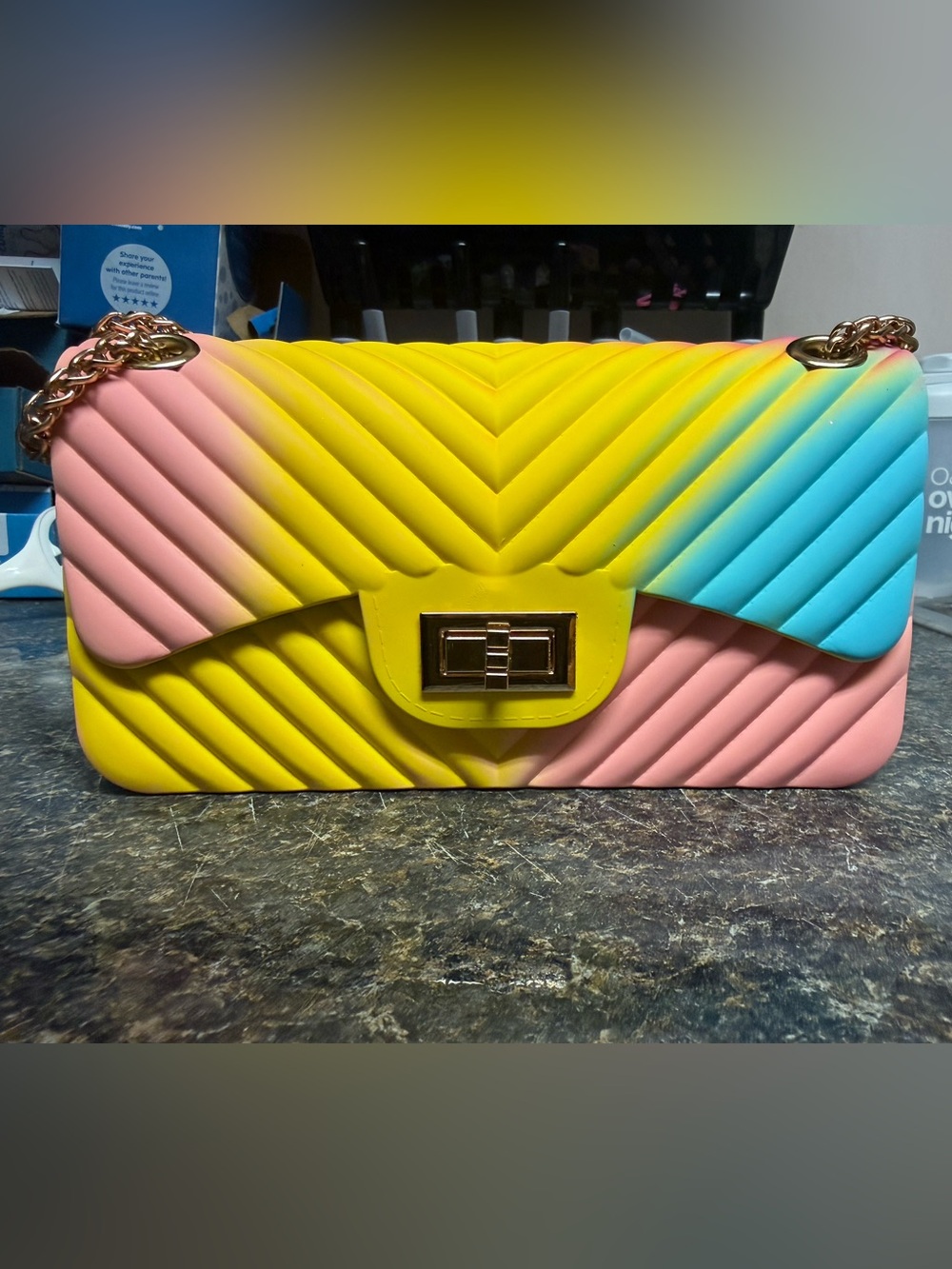 Multicolor Jelly Chevron Crossbody Bag Gold Chain Purse NWT